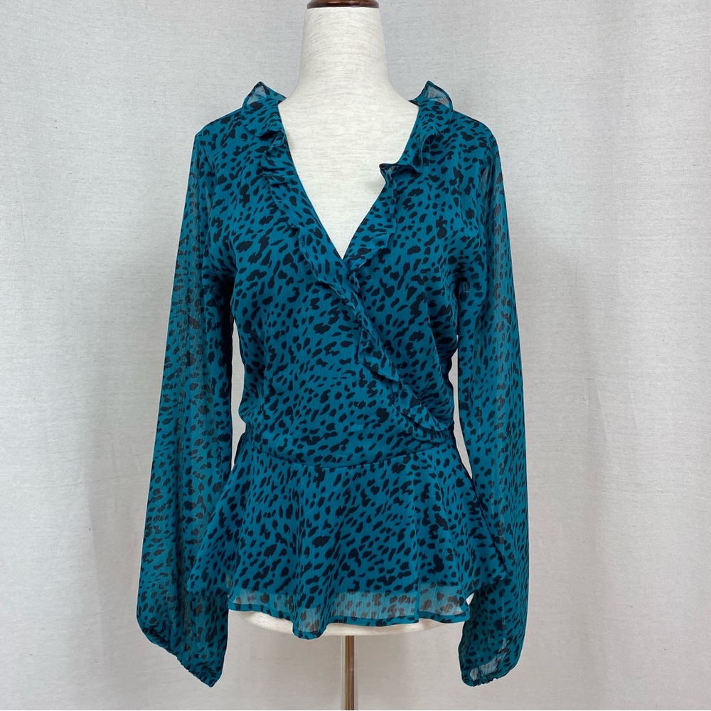 Miami Emerald Green Leopard Print Long Sleeve Ruffle blouse